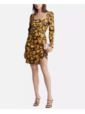 FLORET STUDIOS Brown Yellow Floral Ruched Dress Sz S NEW NWT